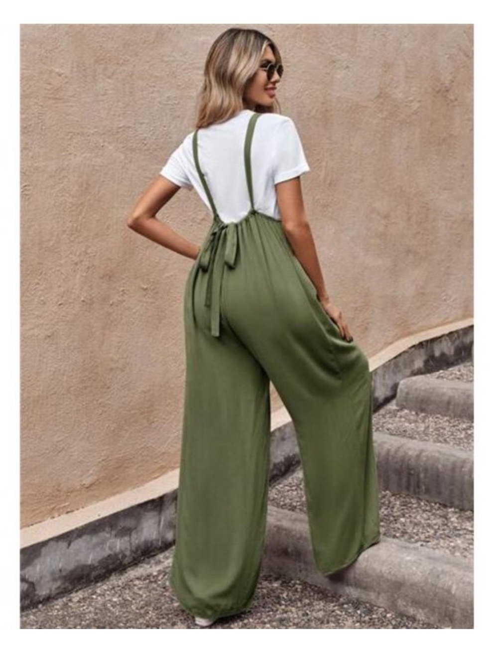 Olive Wide-Leg Suspender Jumpsuit with Tie Back